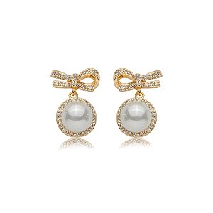 Brinco de perola cravejado de zirconia cristal banho em ouro 18k