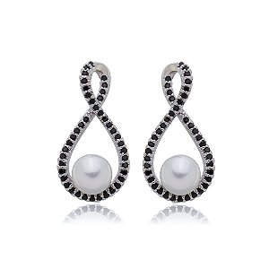 Brinco de perola cravejado de zirconia onix banho em rodio branco
