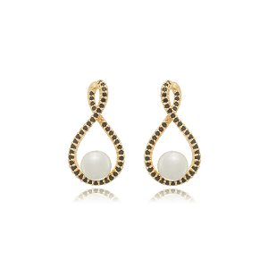 Brinco de perola cravejado de zirconia onix banho em ouro 18k
