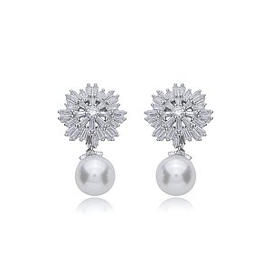 Brinco de perola cravejado de zirconia cristal banho em rodio branco