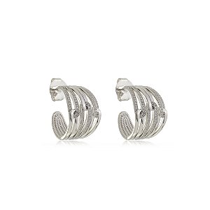 Brinco de argola cravejado de zirconia cristal banho em rodio branco