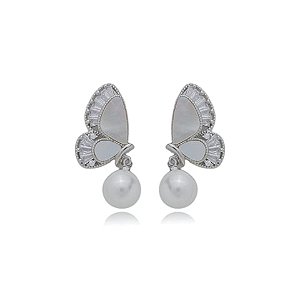 Brinco de perola cravejado de zirconia cristal banho em rodio branco