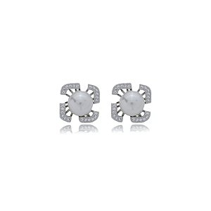 Brinco de perola cravejado de zirconia cristal banho em rodio branco