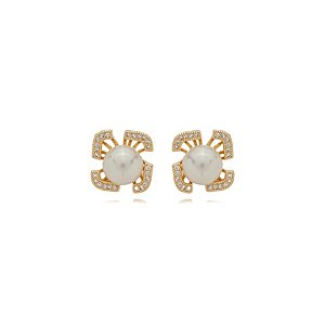 Brinco de perola cravejado de zirconia cristal banho em ouro 18k
