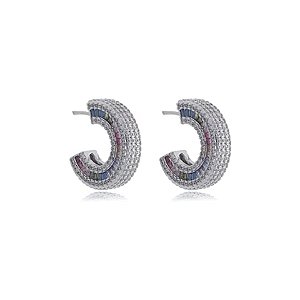 Brinco de argola cravejado de zirconia colorida banho em rodio branco