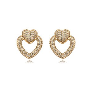 Brinco de coração cravejado com zirconia cristal banho em ouro 18k