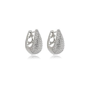 Brinco de argola cravejado de zirconia cristal banho em rodio branco