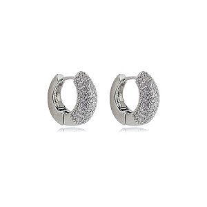 Brinco de argola cravejado de zirconia cristal banho em rodio branco