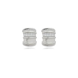 Brinco de argola cravejado de zirconia cristal banho em rodio branco
