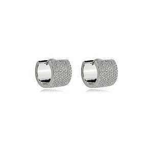 Brinco de argola cravejado de zirconia cristal banho em rodio branco