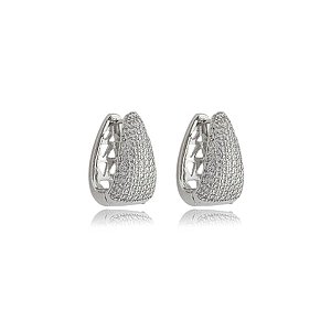 Brinco de argola cravejado de zirconia cristal banho em rodio branco
