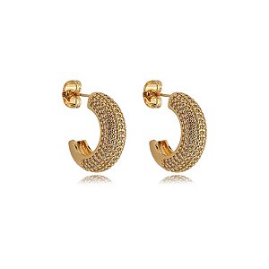Brinco de argola cravejado de zirconia cristal banho em ouro 18k