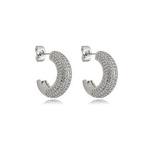 Brinco de argola cravejado de zirconia cristal banho em rodio branco