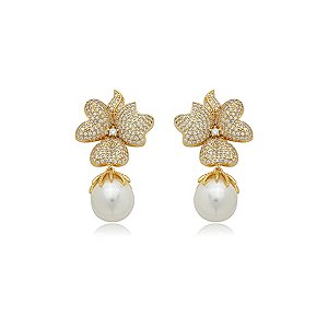 Brinco de perola cravejado de zirconia cristal banho em ouro 18k