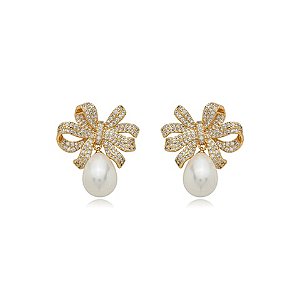 Brinco de perola cravejado de zirconia cristal banho em ouro 18k