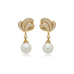 Brinco de perola cravejado de zirconia cristal banho em ouro 18k