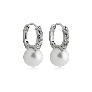 Brinco de perola cravejado de zirconia cristal banho em rodio branco