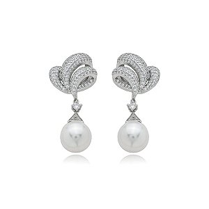 Brinco de perola cravejado de zirconia cristal banho em rodio branco