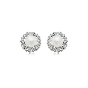 Brinco de perola cravejado de zirconia cristal banho em rodio branco