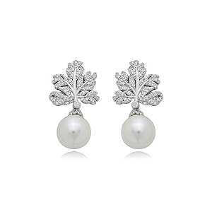 Brinco de perola cravejado de zirconia cristal banho em rodio branco