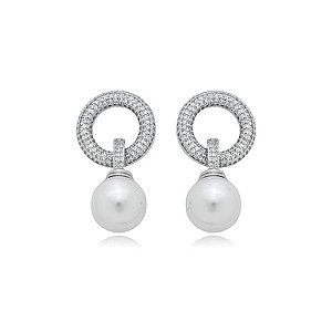 Brinco de perola cravejado de zirconia cristal banho em rodio branco