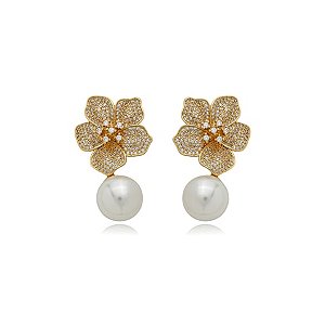 Brinco de perola cravejado de zirconia cristal banho em ouro 18k