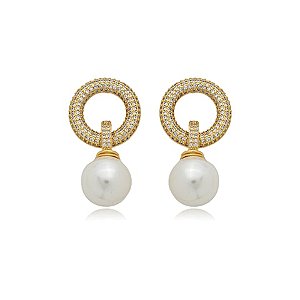 Brinco de perola cravejado de zirconia cristal banho em ouro 18k