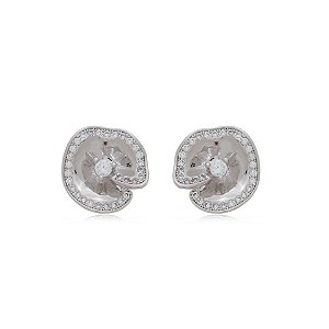 Brinco de base cravejado de zirconia cristal banho em rodio branco