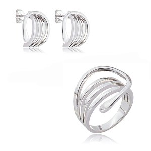 Conjunto de brinco e anel liso banho em rodio branco