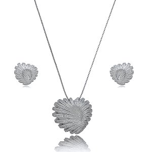 Conjunto de brinco e colar cravejado de zirconia cristal banho em rodio branco