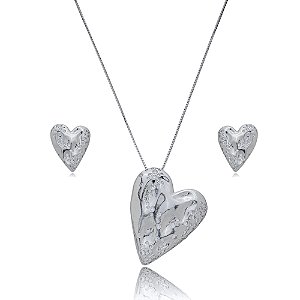 Conjunto de brinco e colar de coração cravejado de zirconia cristal banho em rodio branco