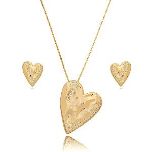 Conjunto de brinco e colar de coração cravejado de zirconia cristal banho em ouro 18k