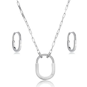 Conjunto de brinco e colar cravejado de zirconia cristal banho em rodio branco