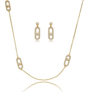 Conjunto de brinco e colar cravejado de zirconia cristal banho em ouro 18k