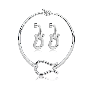 Conjunto de brinco e colar liso banho em rodio branco