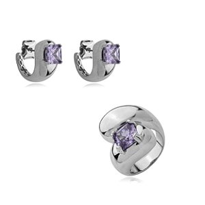 Conjunto de brinco e anel cravejado de zirconia ametista banho rodio branco