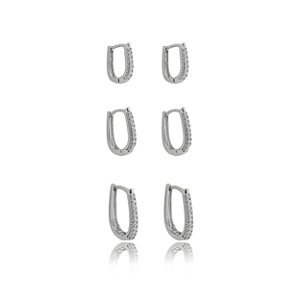 Trio de argola cravejado de zirconia cristal banho em rodio branco