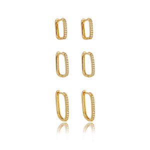 Trio de argola cravejado de zirconia cristal banho em ouro 18k