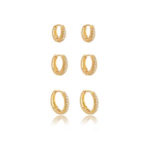 Trio de argola cravejado de zirconia cristal banho em ouro 18k