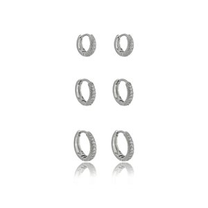 Trio de argola cravejado de zirconia cristal banho em rodio branco