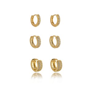 Trio de argola cravejado de zirconia cristal banho em ouro 18k
