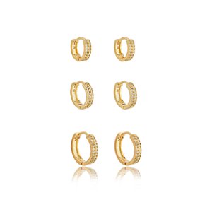 Trio de argola cravejado de zirconia cristal banho em ouro 18k