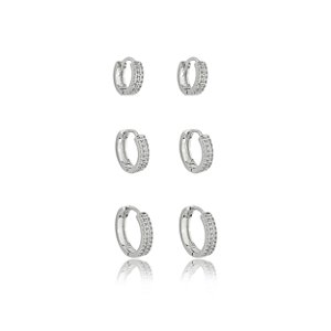 Trio de argola cravejado de zirconia cristal banho em rodio branco