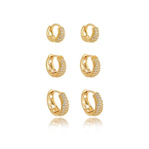 Trio de argola cravejado de zirconia cristal banho em ouro 18k