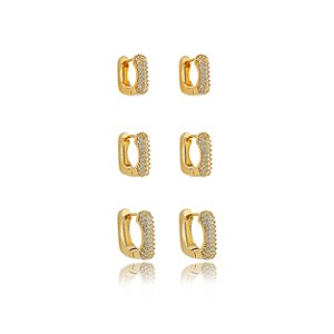 Trio de argola cravejado de zirconia cristal banho em ouro 18k