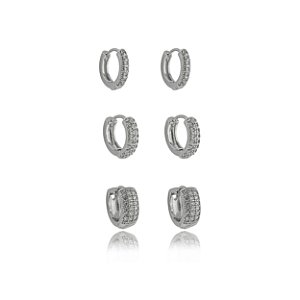 Trio de argola cravejado de zirconia cristal banho em rodio branco