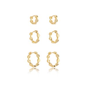 Trio de argola cravejado de zirconia cristal banho em ouro 18k
