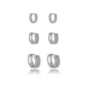 Trio de argola cravejado de zirconia cristal banho em rodio branco