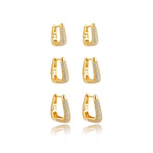 Trio de argola cravejado de zirconia cristal banho em ouro 18k