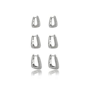 Trio de argola cravejado de zirconia cristal banho em rodio branco